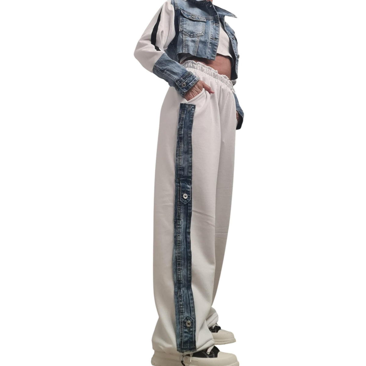 Cotton Denim Jacket and Harem Pants Set, Asymmetrical Design