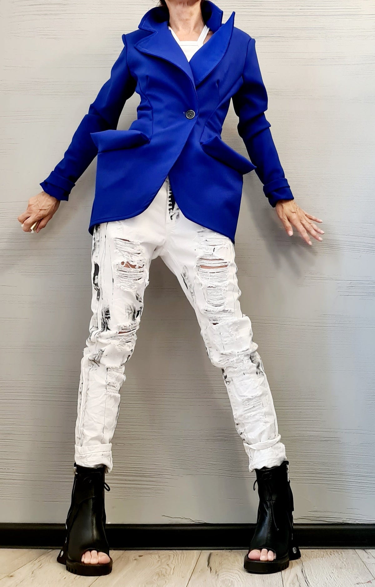 Blue Neoprene Blazer, Asymmetric Fitted Jacket with Oversized Pockets, Plus Size Coat