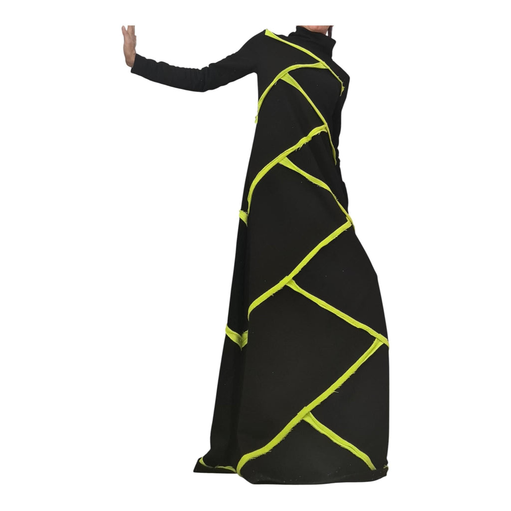 Black Cotton Maxi Dress, Lime Geometric Asymmetric Design, High Neck, Handmade Long Sleeve Dress