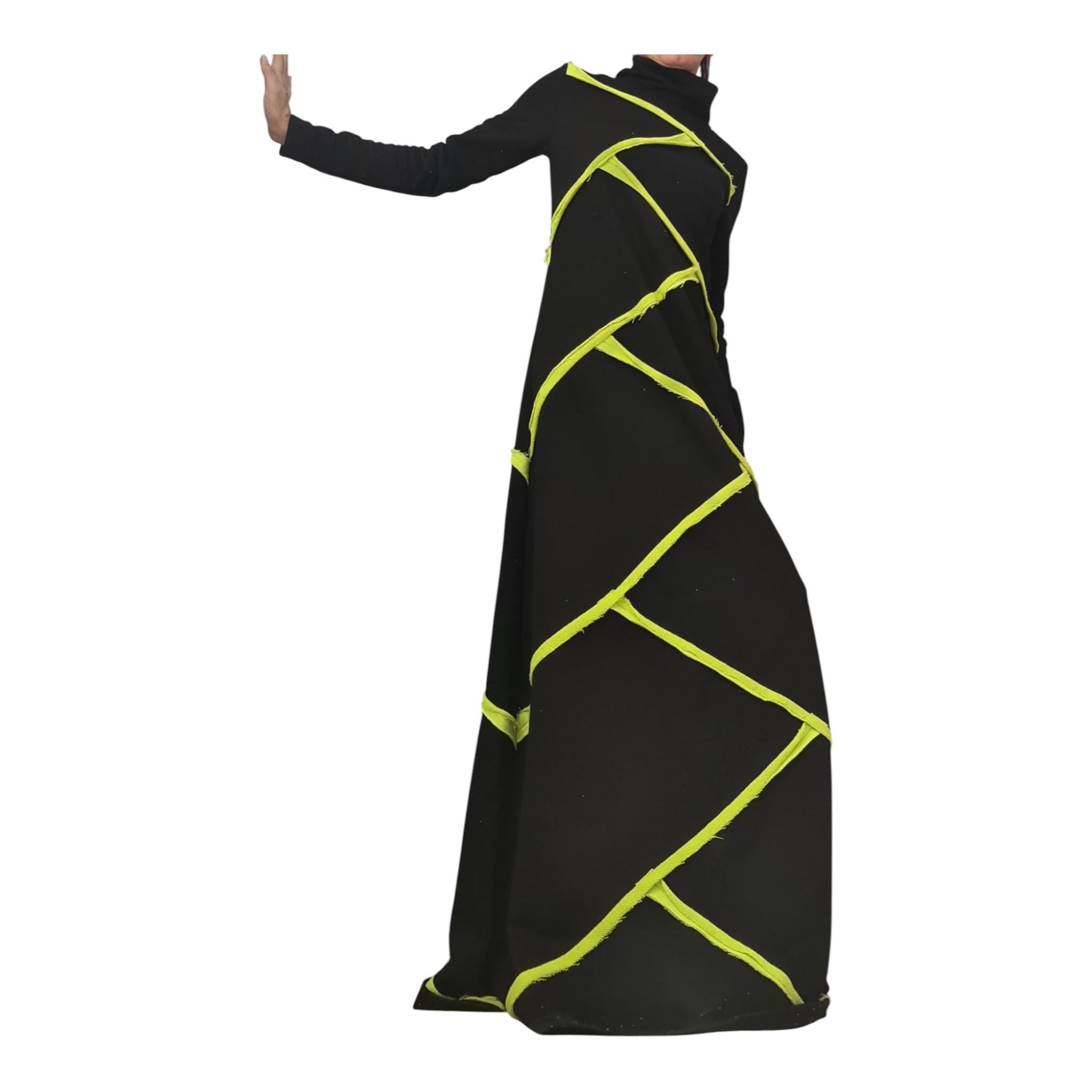 Black Cotton Maxi Dress, Lime Geometric Asymmetric Design, High Neck, Handmade Long Sleeve Dress
