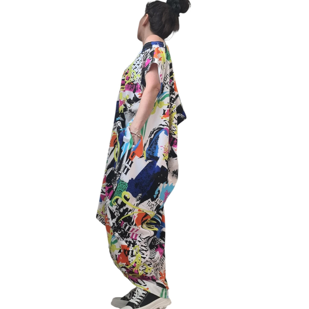 One Shoulder Graffiti Dress: Oversized Cotton with Pockets