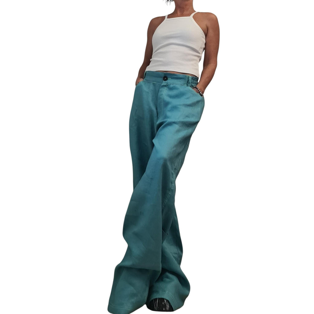 Petrol Blue Wide Leg Pants, Linen Palazzo, Boho Trousers, Designer Pocket Detail