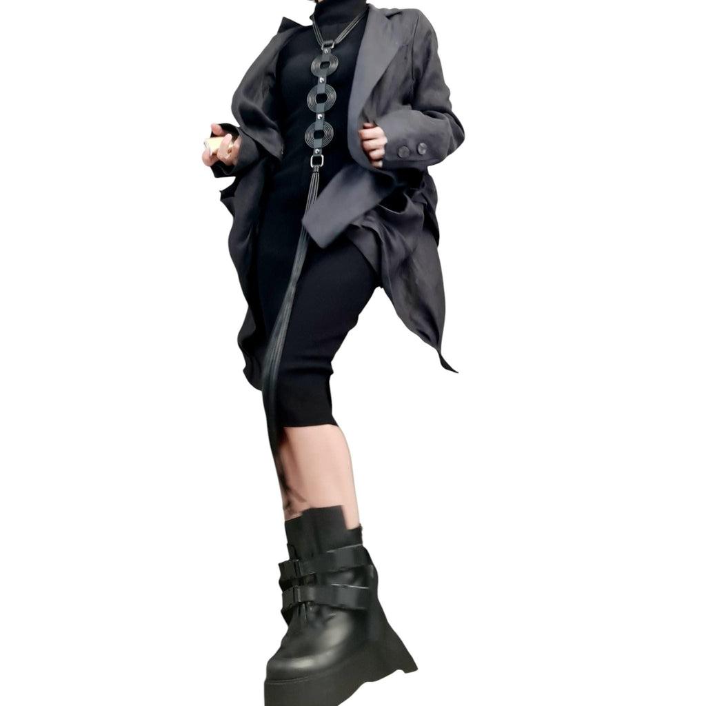 Graphite Linen Asymmetric Blazer | Long Front Open Back Womens Designer Statement Outerwear