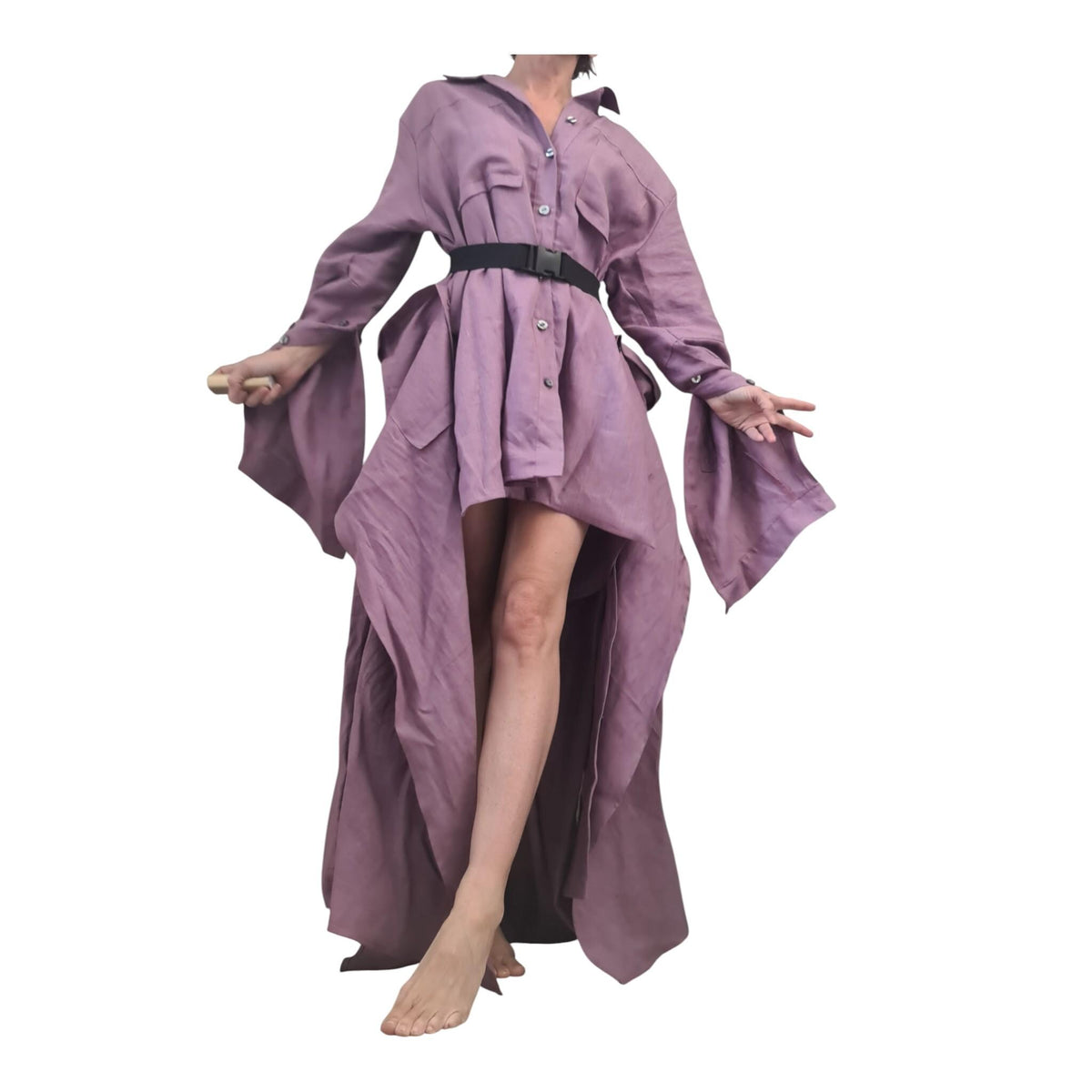 Lavender Linen Shirt, Dress for Women, Convertible Layered Kaftan, High Low Asymmetric Hem