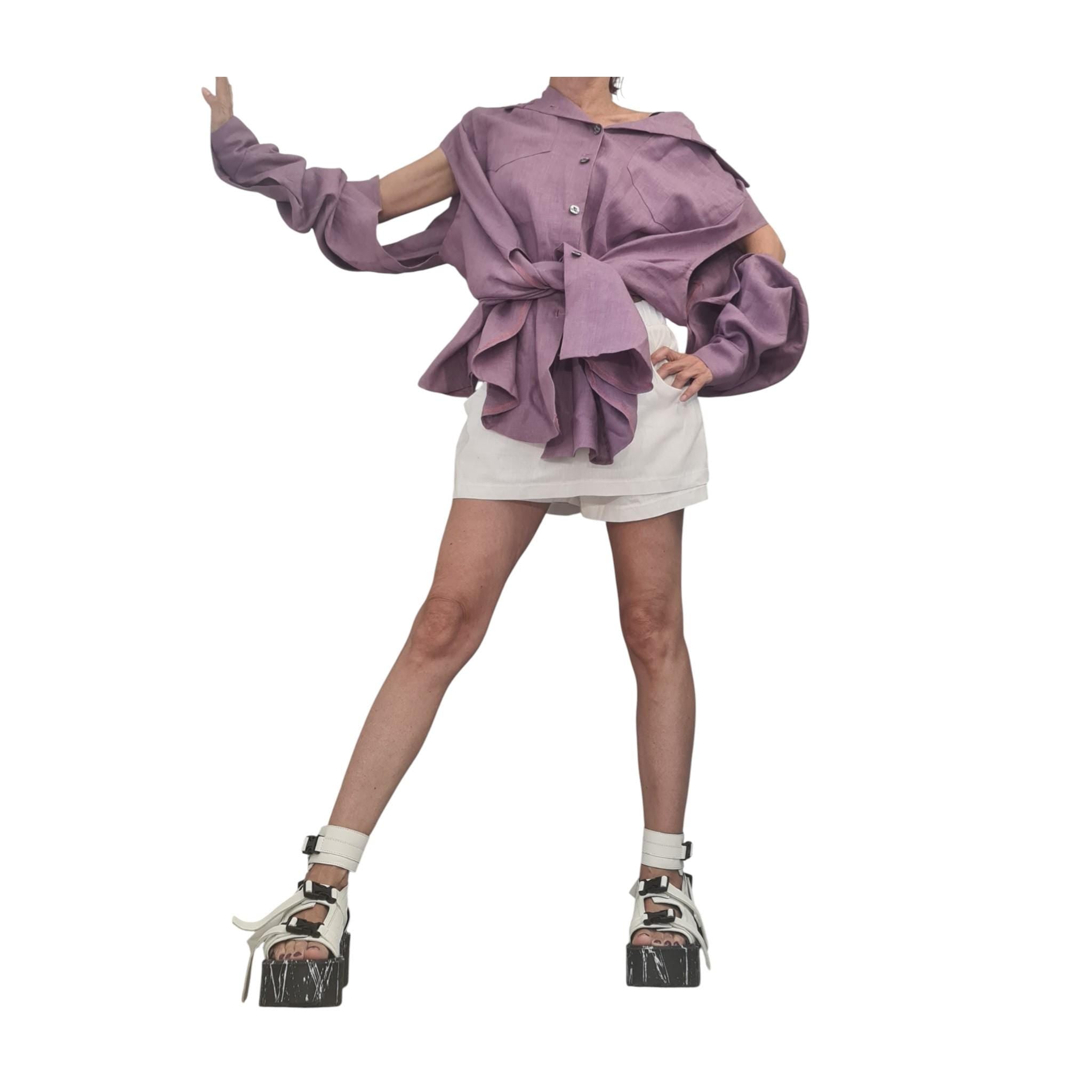 Lavender Linen Shirt, Asymmetric Open Back Top