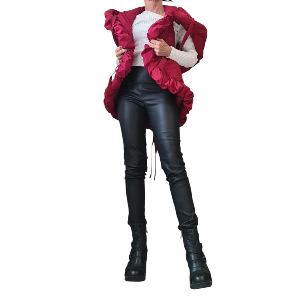 Fuchsia Oversized Puffer Vest, Sleeveless Jacket with Extra Large Hood, Asymmetrical Ruffled Hem