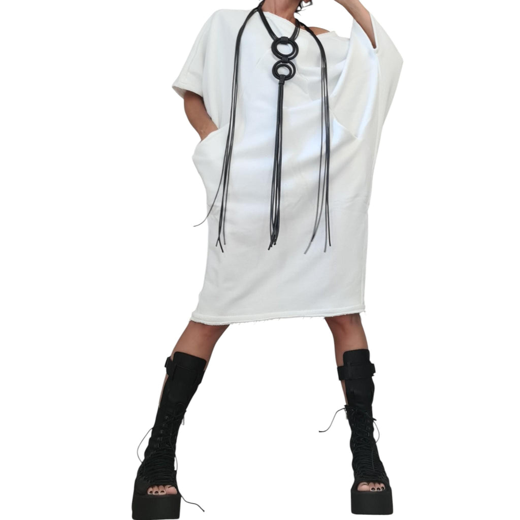 White Cotton Tunic Dress Knee Length | Asymmetric Blouson Cut | fashion for women | architectural