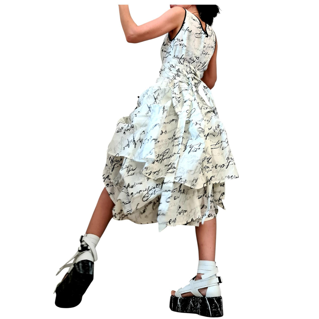 White Linen Graphic Print Dress for Women, Extravagant Sculptural Form, Avant Garde Clothing