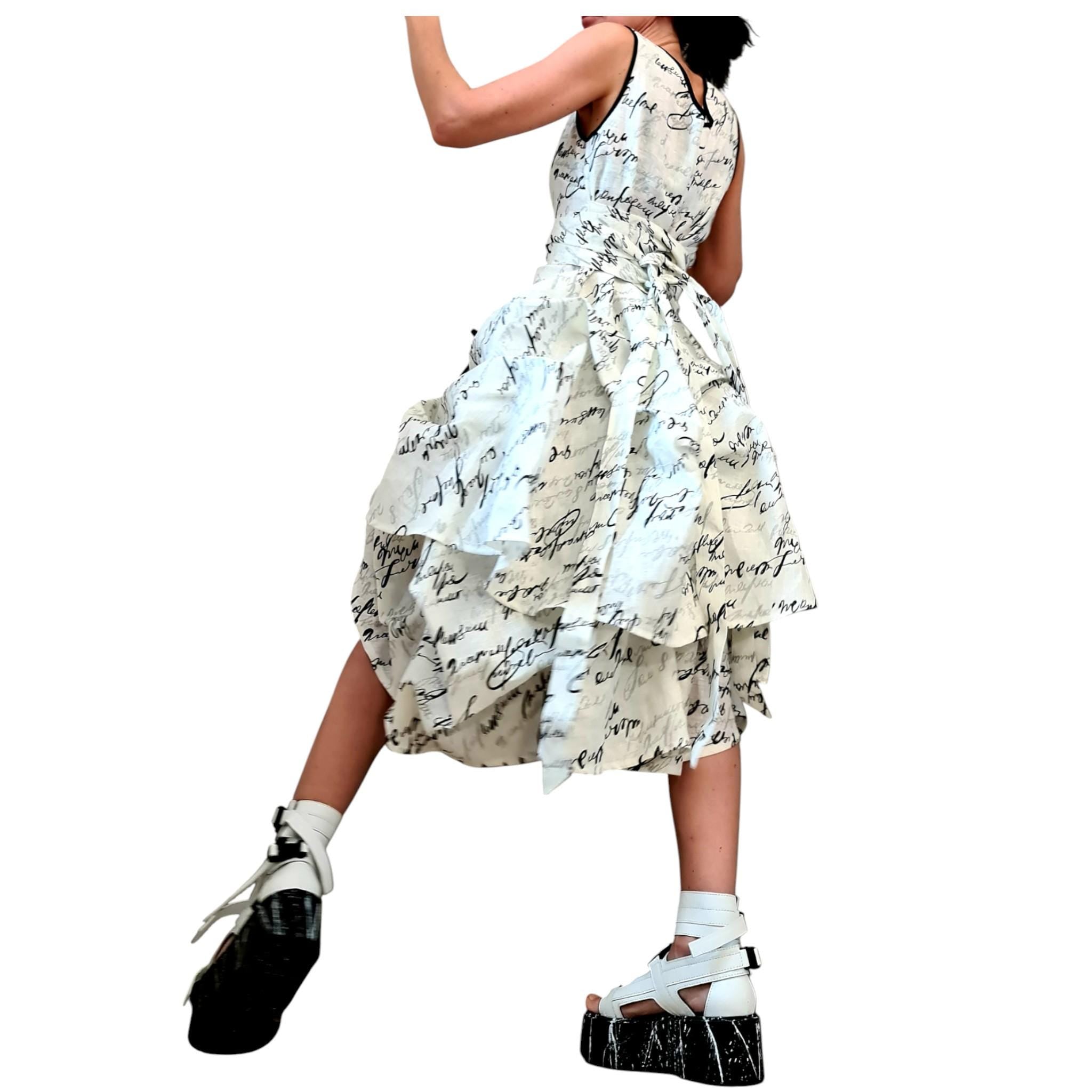 White Linen Graphic Print Dress for Women, Extravagant Sculptural Form, Avant Garde Clothing