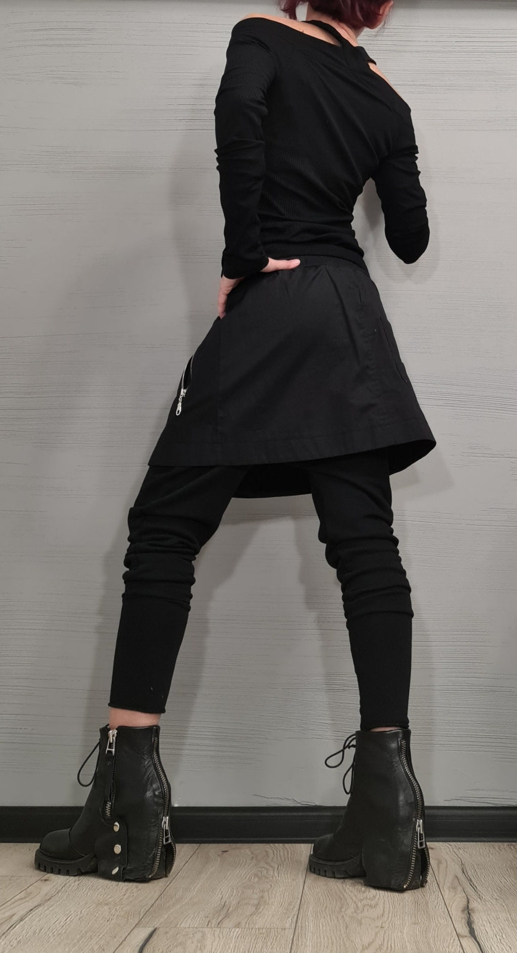 Black French Terry Pants, Attached Skirt Panel, Zip Pocket Detail