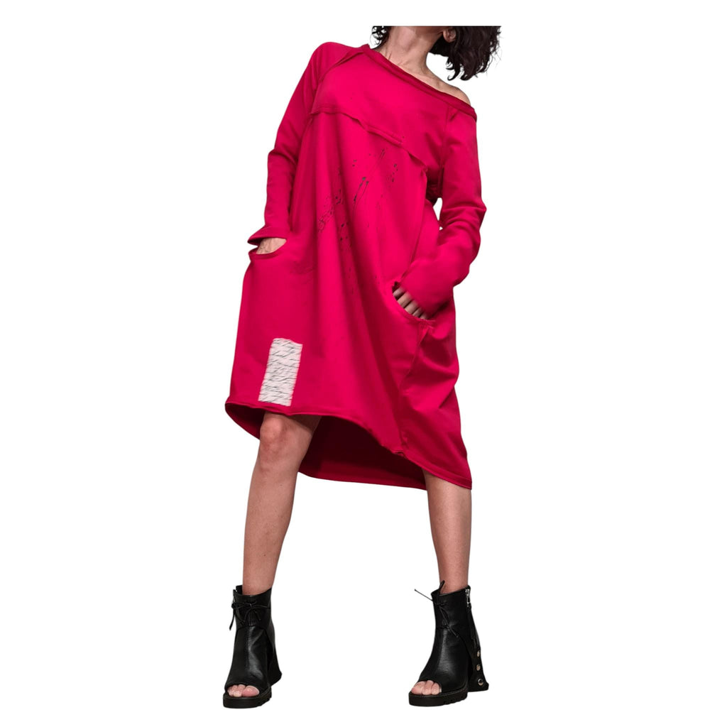 Red French Terry Off Shoulder Dress, Oversized Sweatshirt Tunic Dress for Women, Asymmetric Balloon