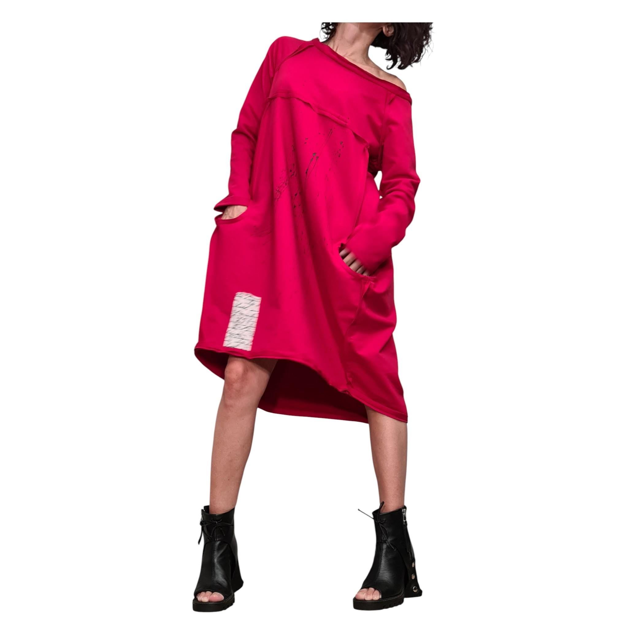 Red French Terry Off Shoulder Dress, Oversized Sweatshirt Tunic Dress for Women, Asymmetric Balloon