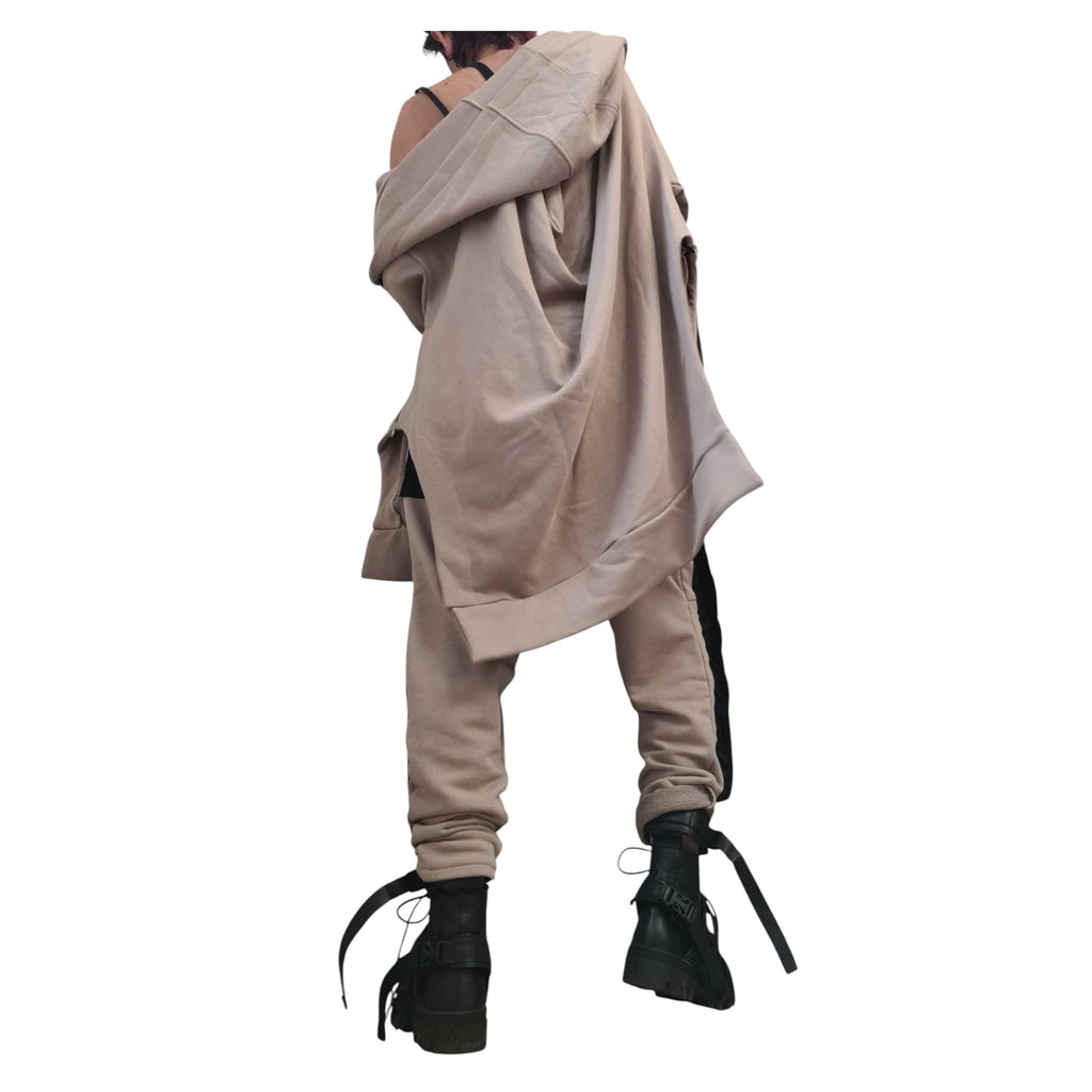 Beige Cotton Co-Ord Set, Harem Pants, Asymmetrical Long Sleeve Sweatshirt