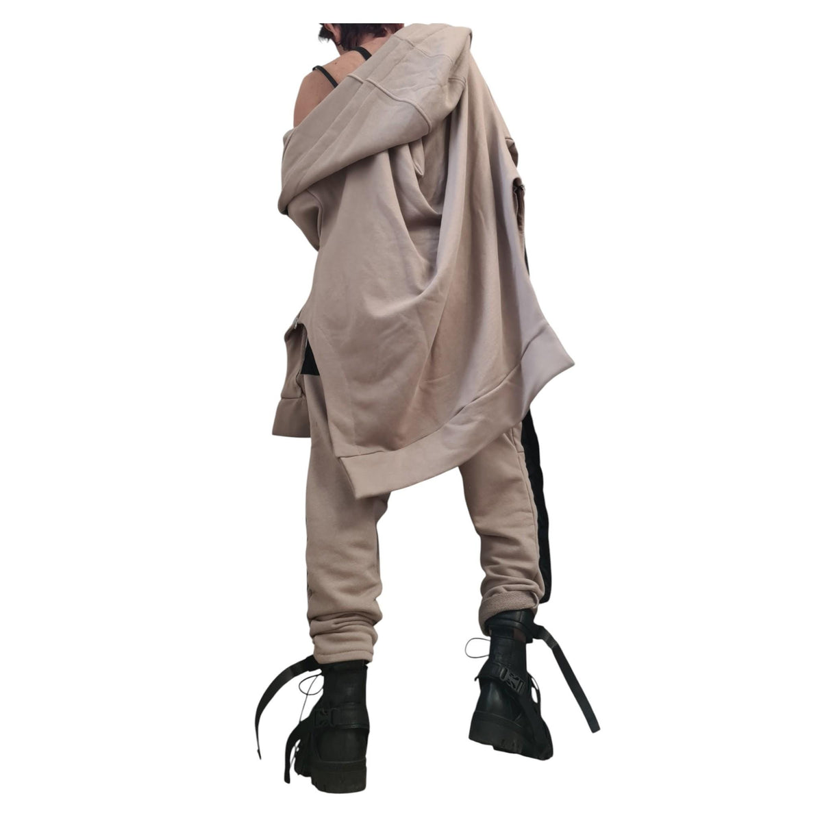 Beige Cotton Co-Ord Set, Harem Pants, Asymmetrical Long Sleeve Sweatshirt