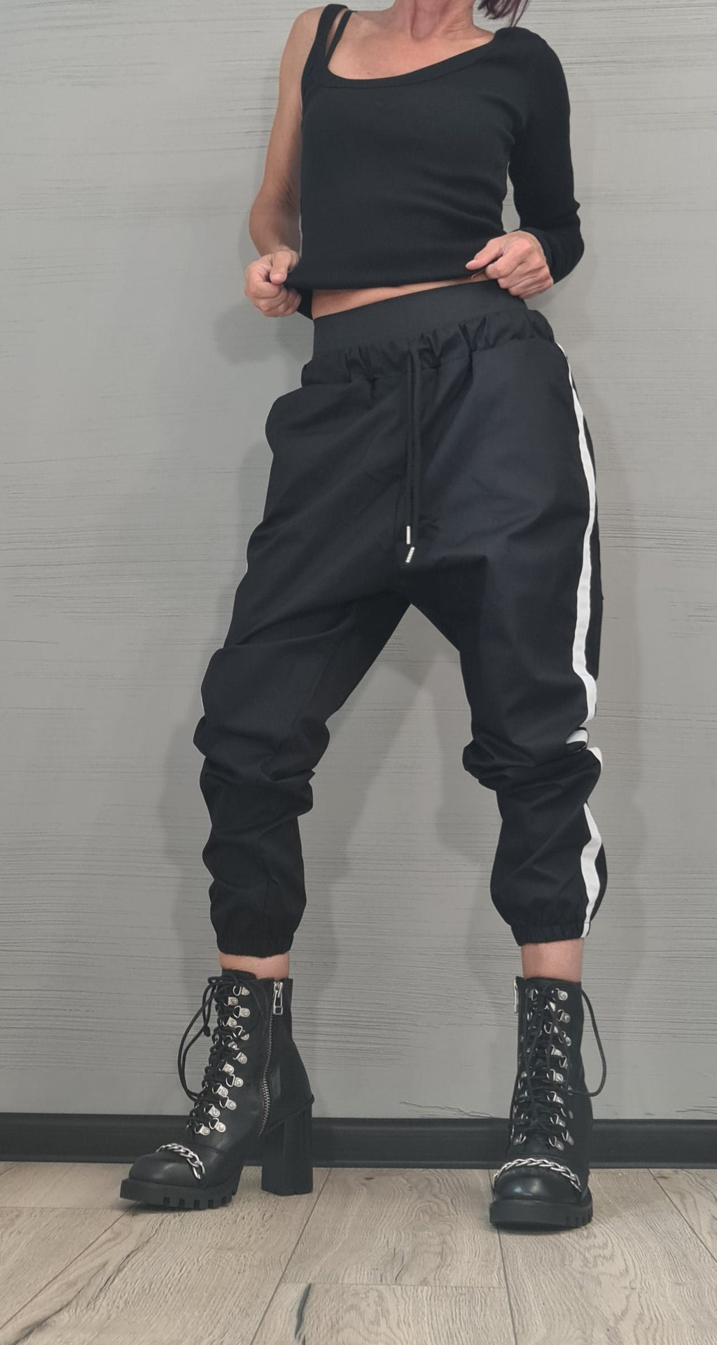Beige Cargo Jogger Pants, Drop Crotch Trousers, Black Side Stripes, Elastic Waist, Multiple Pockets