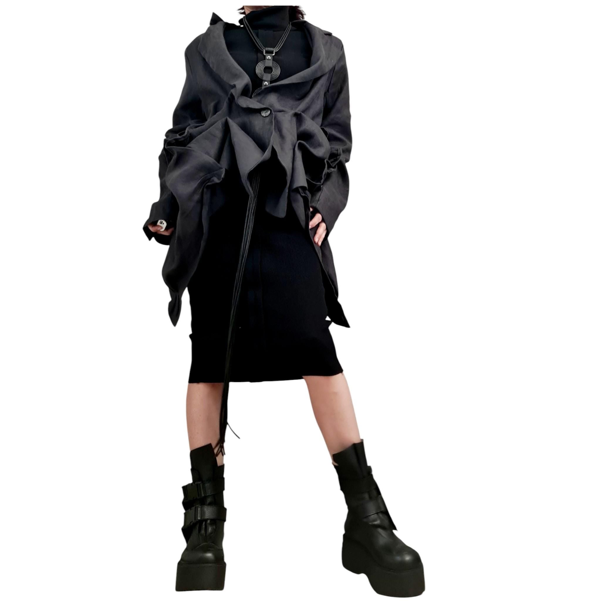 Graphite Linen Asymmetric Blazer | Long Front Open Back Womens Designer Statement Outerwear