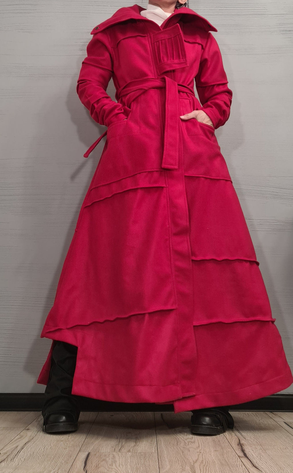 Red Asymmetric Floor Length Coat, Layered Hem and High Collar, Strap Details, Plus Size