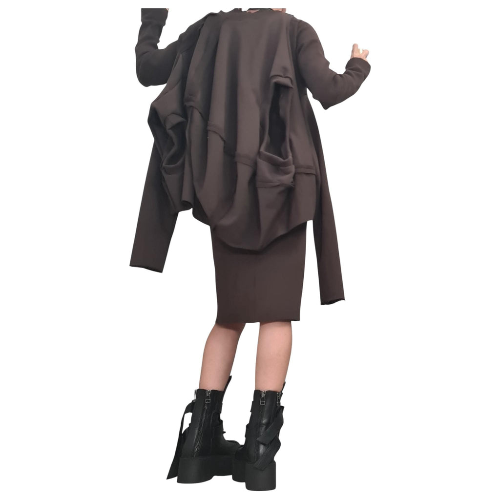 Brown Cotton Fitted Midi Dress, Oversized Asymmetrical Tunic, Layered Two-Piece Co-Ord Set, Plus Size