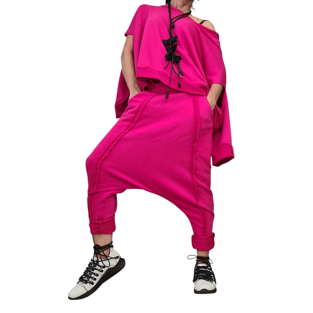 Fuchsia Cotton Drop Crotch Harem Pants, Oversized Asymmetrical Top, Exposed Seams, Two-Piece Co-Ord Set