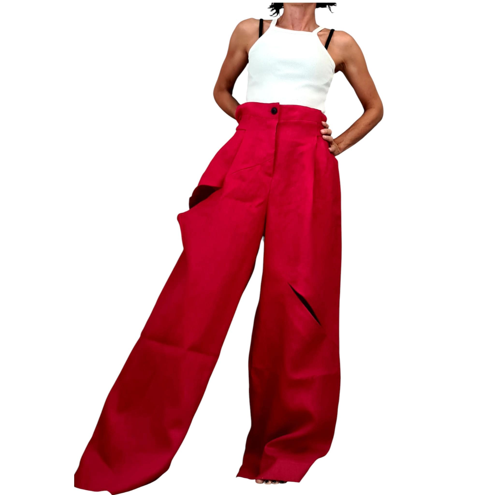 Red Linen Harem Pants for Women, Wide Leg Punk Style Trousers, Urban Avant Garde