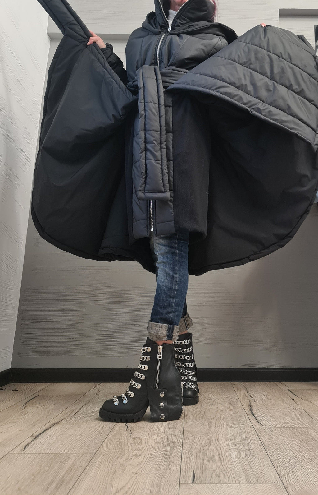 Black Hooded Puffer Coat, Fit and Flare Silhouette, Full Circle Hem, Belted, Plus Size
