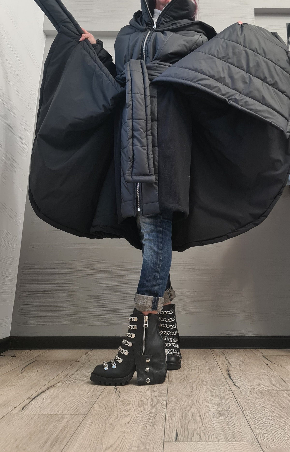 Black Hooded Puffer Coat, Fit and Flare Silhouette, Full Circle Hem, Belted, Plus Size