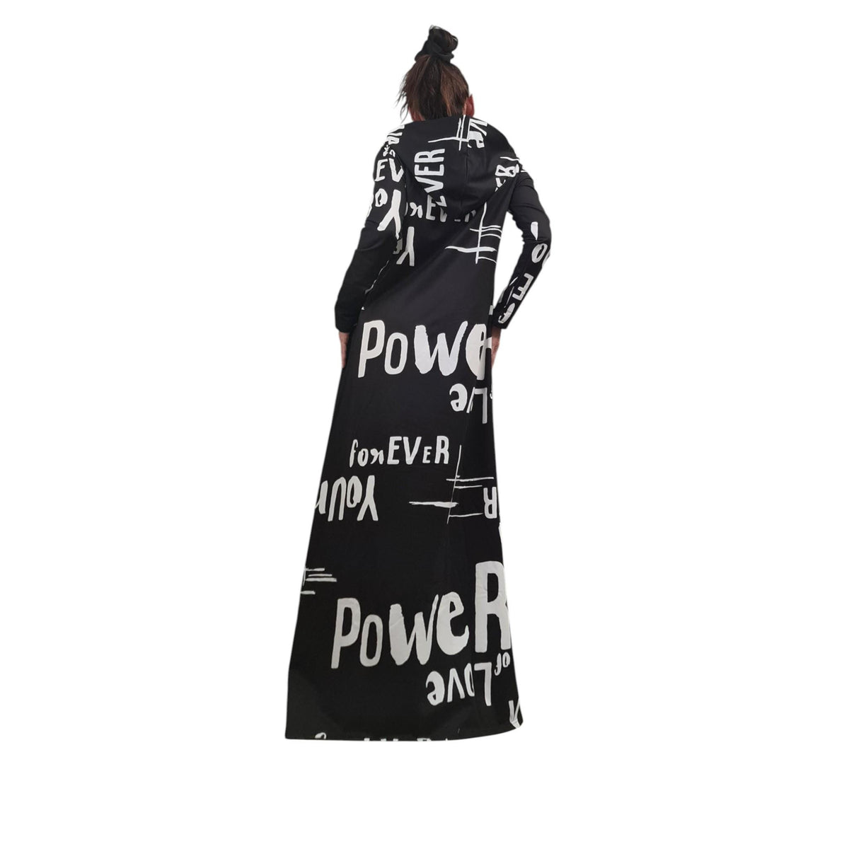 Avant Garde Black Hoodie Maxi Dress | Graffiti Print | Handmade Cotton Streetwear Outfit for Women