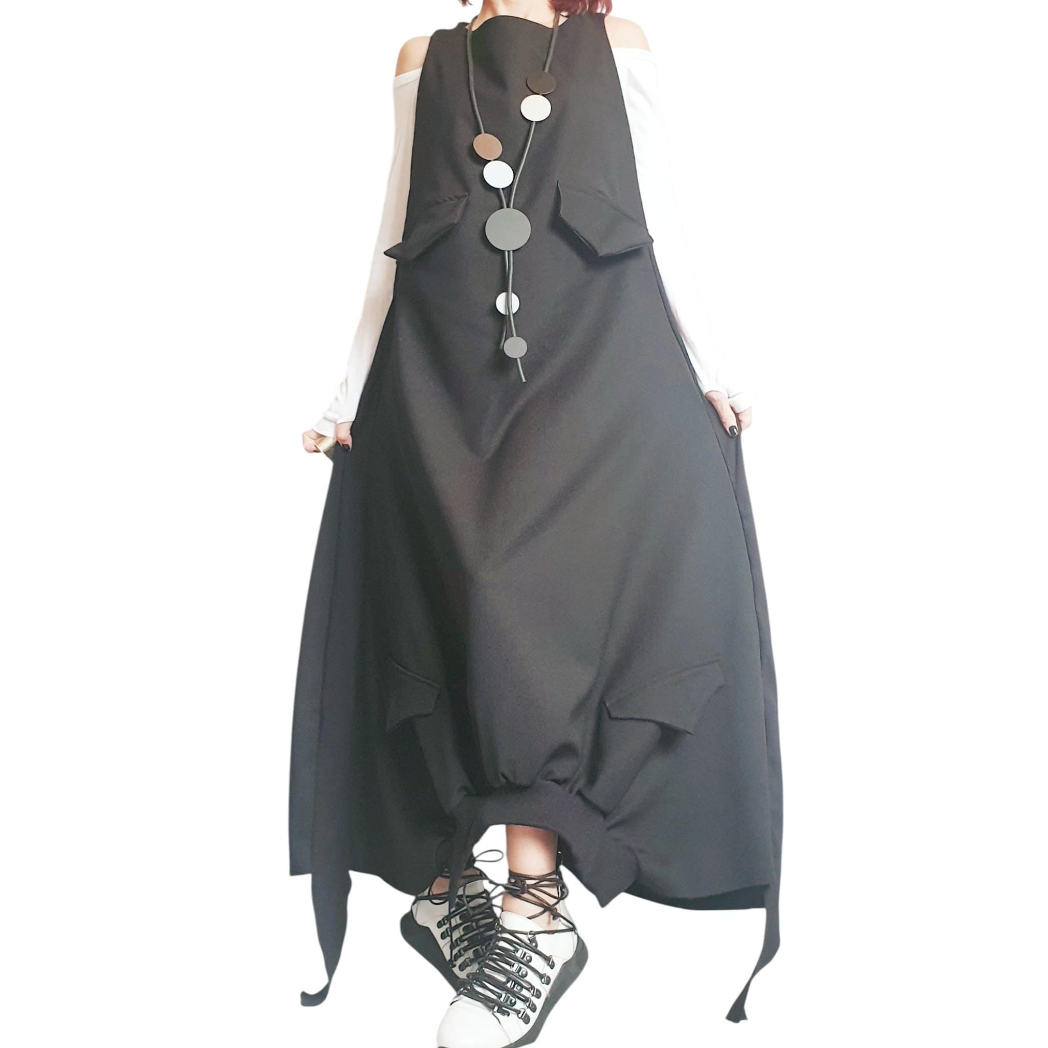 Black Gothic Dress, Asymmetric Cargo Design, Plus Size Kaftan, Avant Garde Dress for Women
