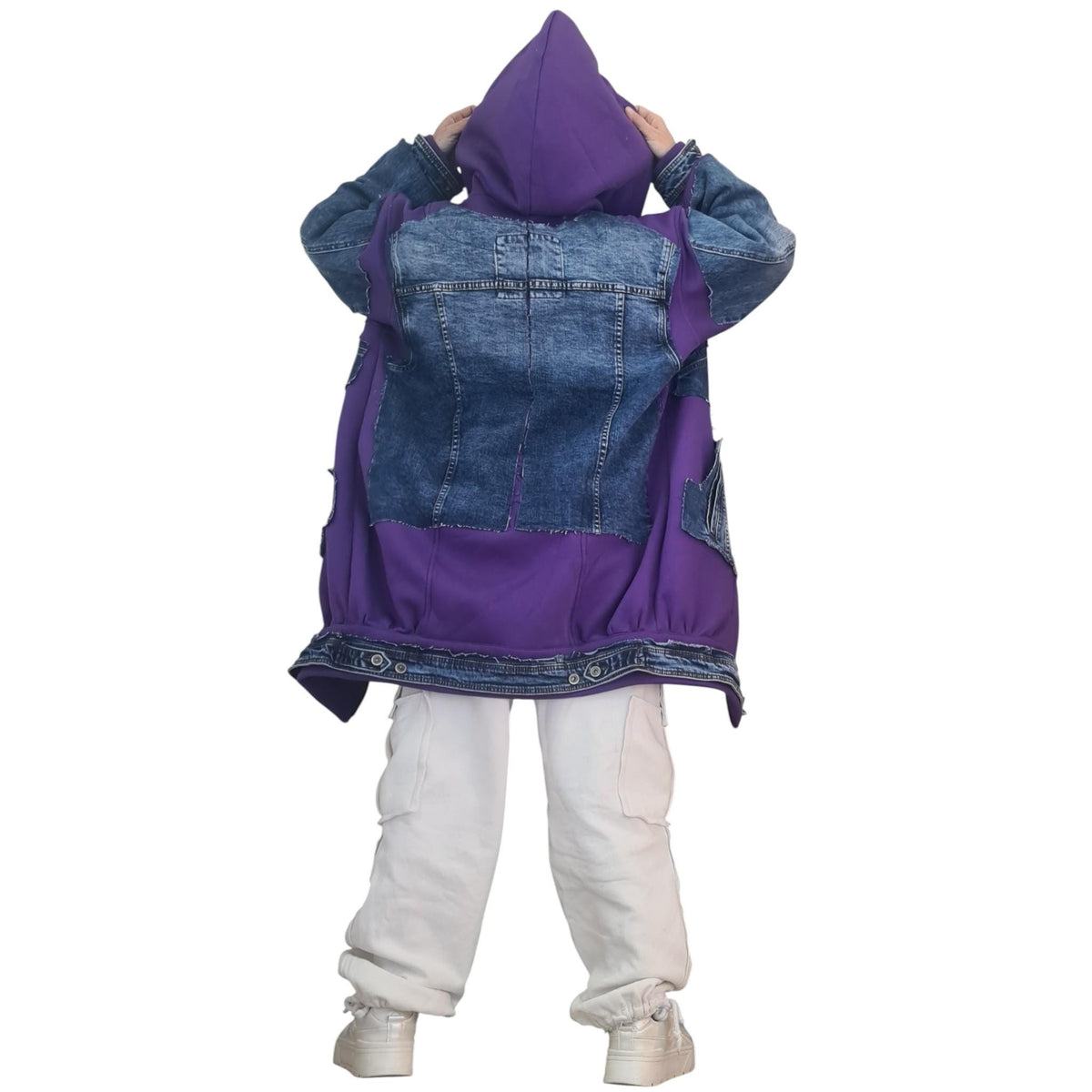 Purple Avant Garde Denim Hoodie, Oversized Cotton Sweatshirt, Designer Streetwear for Women