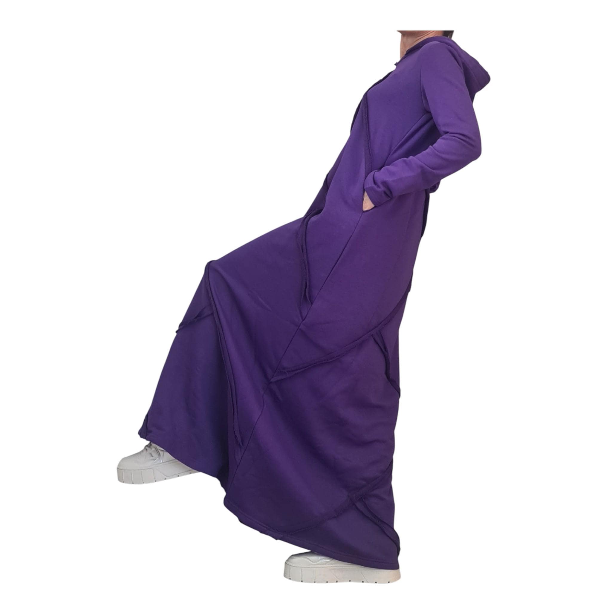 Dark Purple Hooded Maxi Dress Long Sleeve Avant Garde Handmade Womens Clothing