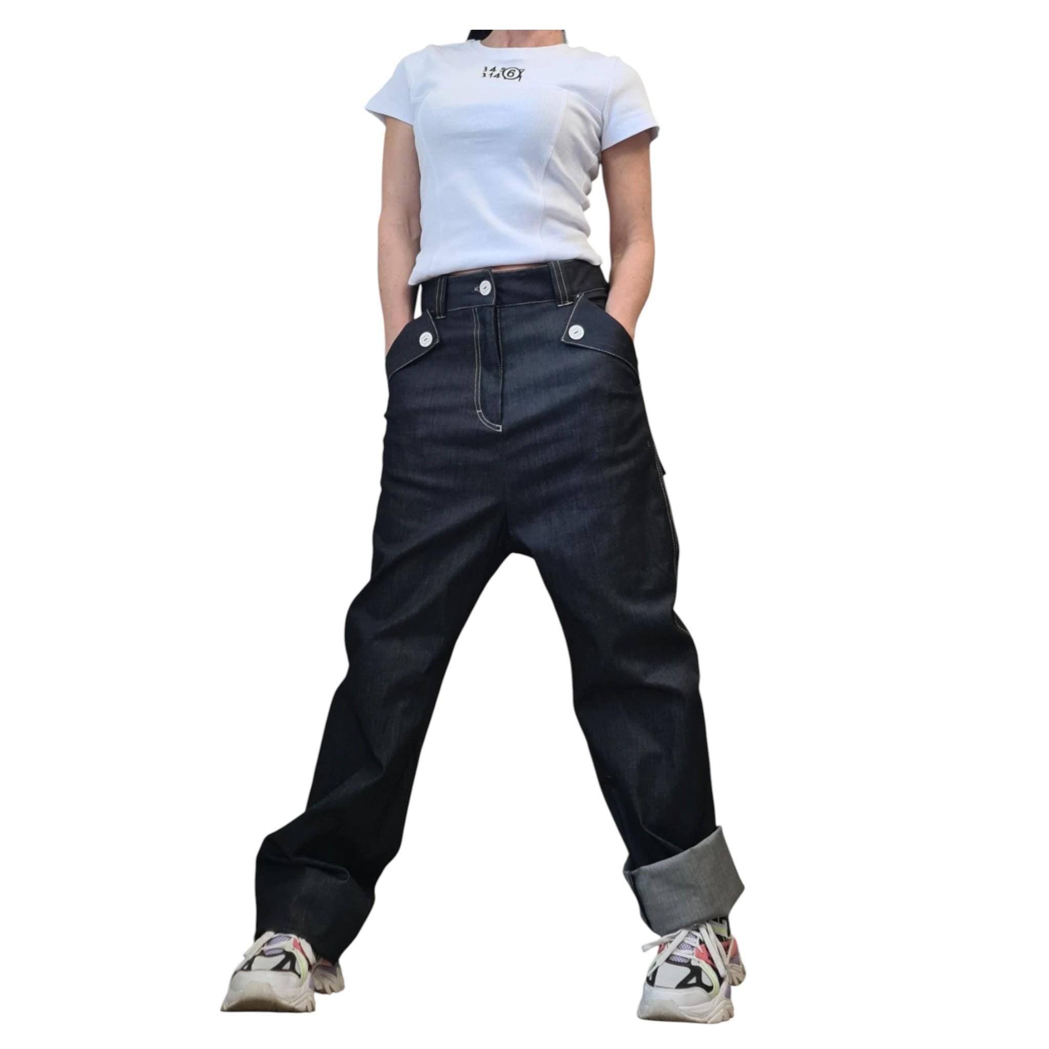 Dark Blue Straight-Leg Denim Pants | High Waist Minimalist Jeans | Handmade Cotton Trousers | Casual Avant-Garde Streetwear