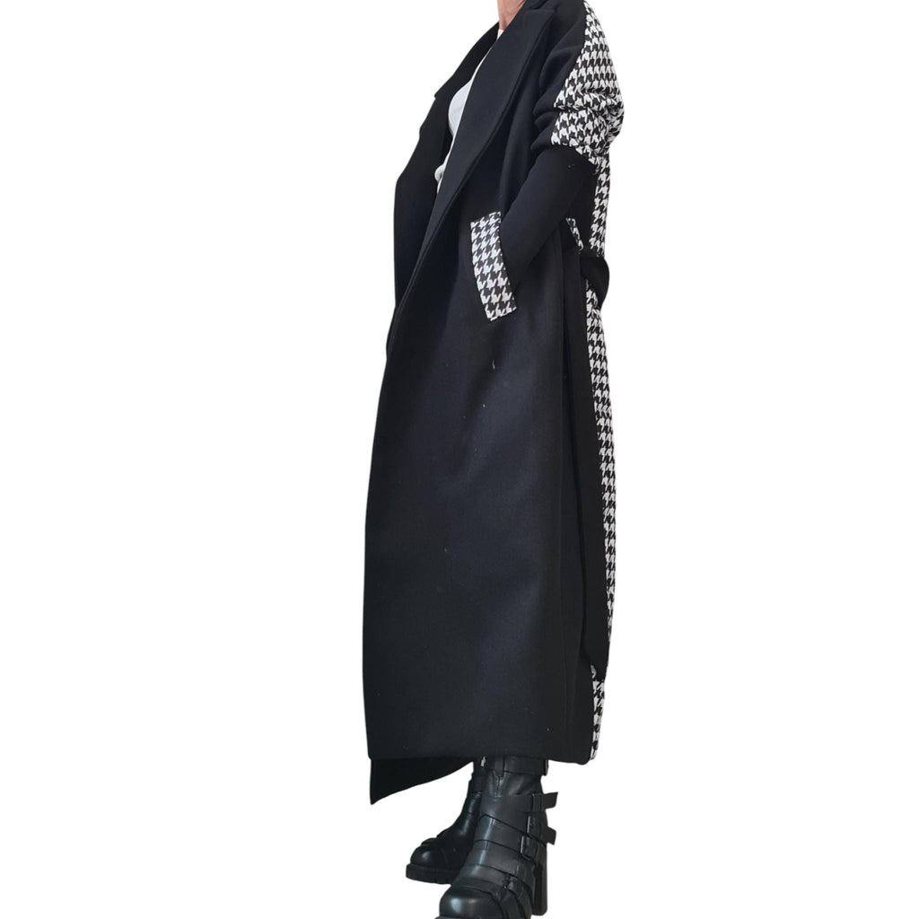 Black Asymmetric Wool Coat, Houndstooth Back Panel, Oversized Maxi Coat, Plus Size