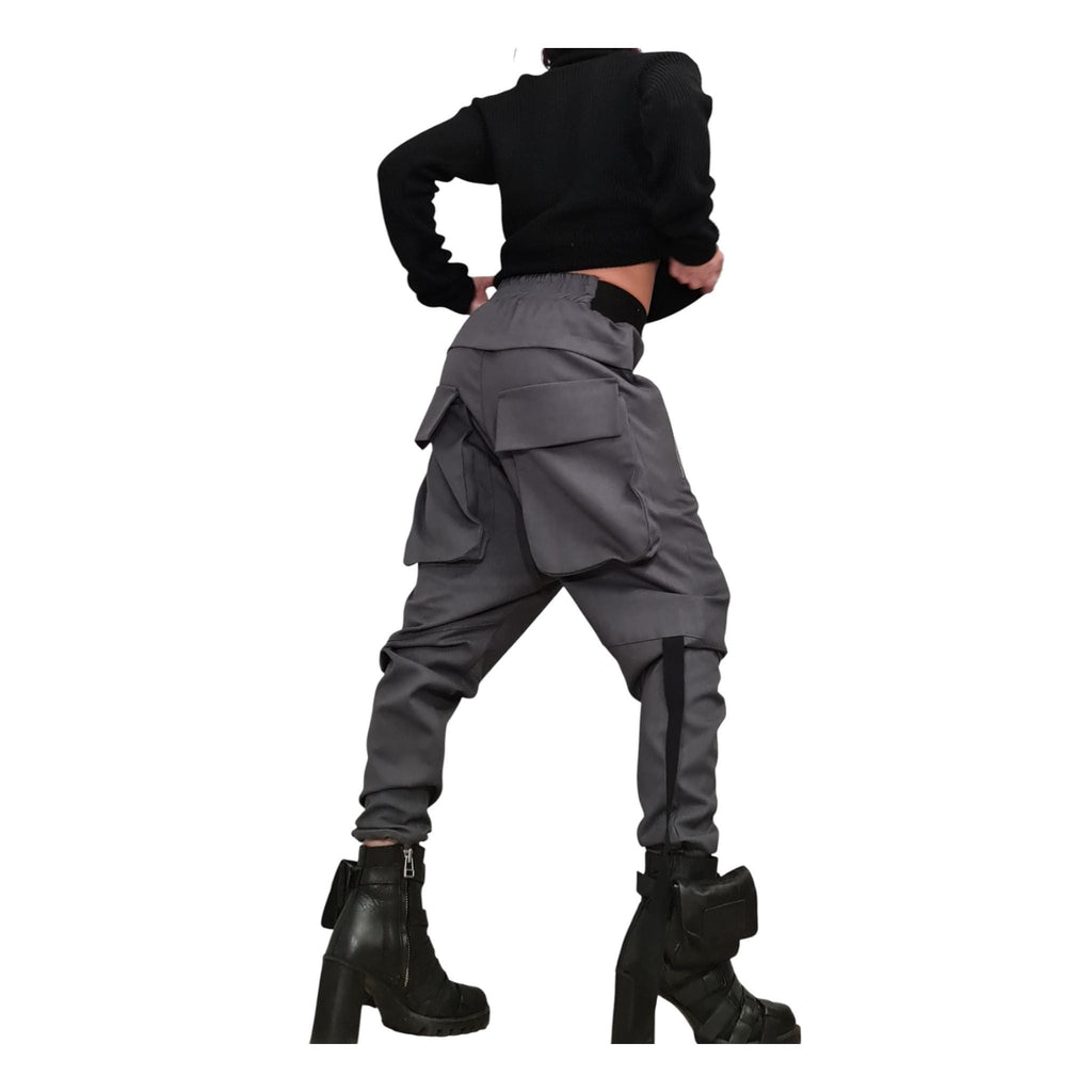 Grey Cargo Harem Pants, Utility Pockets, Tapered Leg