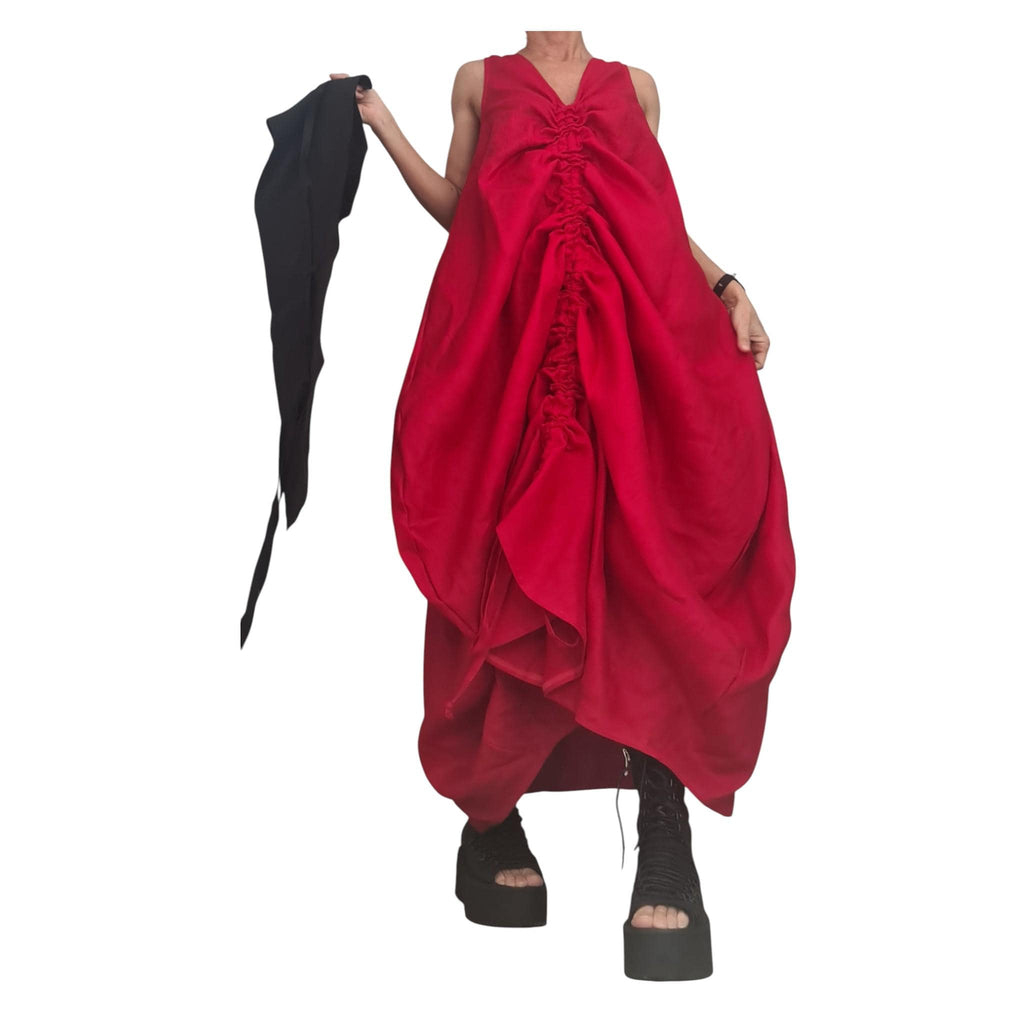 Red Linen Maxi Dress with Corset – Sleeveless Linen Dress