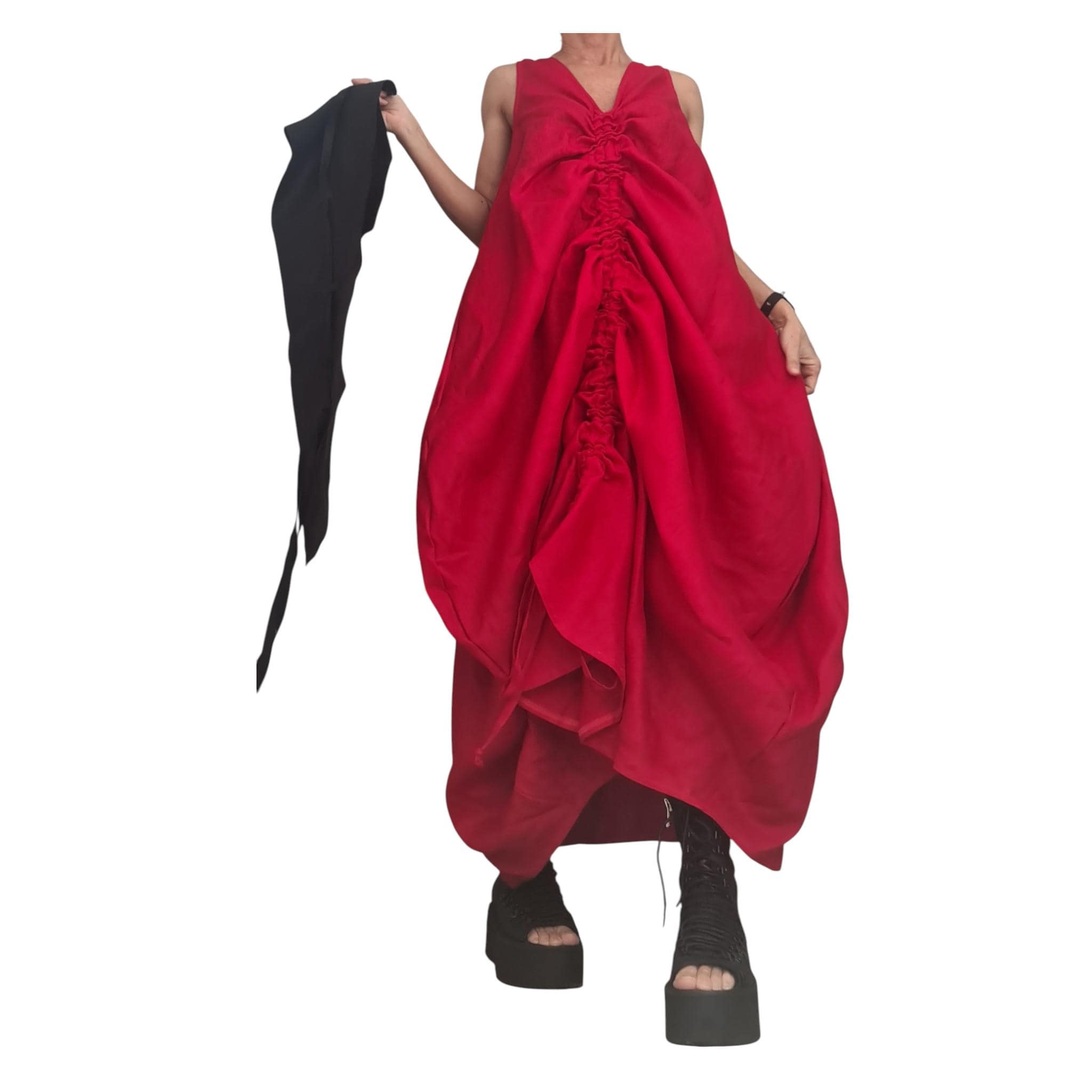 Red Linen Maxi Dress with Corset – Sleeveless Linen Dress