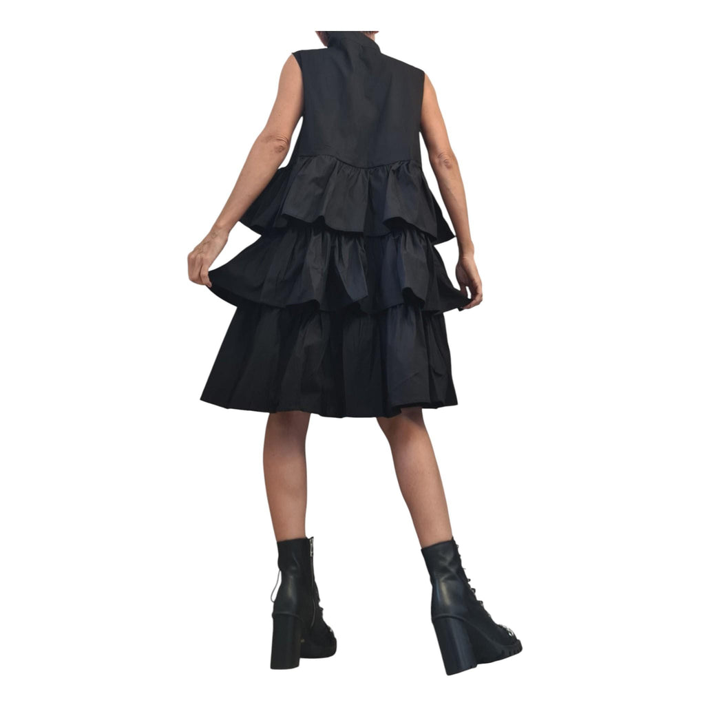 Black Gothic Midi Cotton Tunic, Flounce Party Dress Women