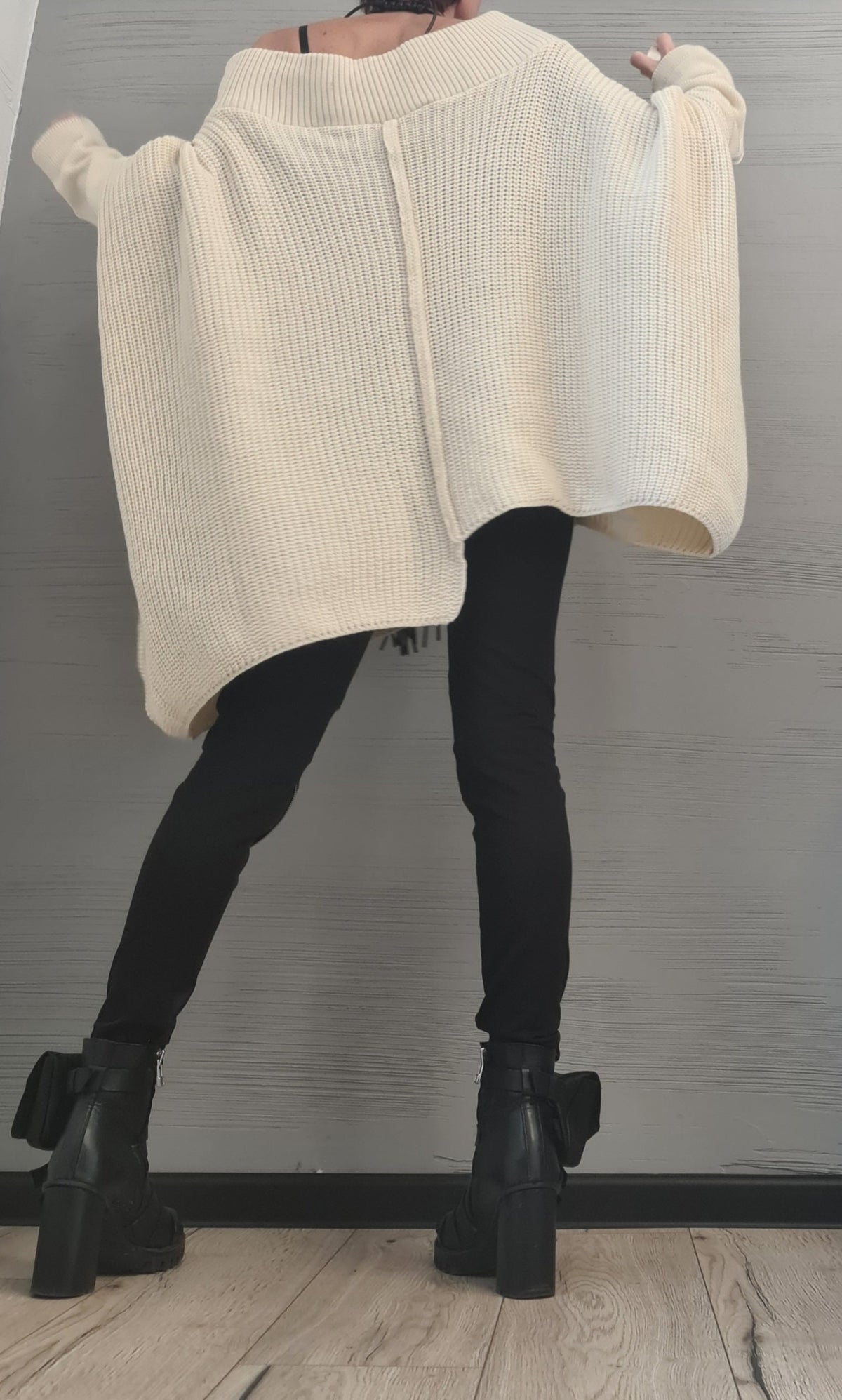 Beige Asymmetrical Knitted Tunic, Oversized Knit Sweater, Plus Size Top