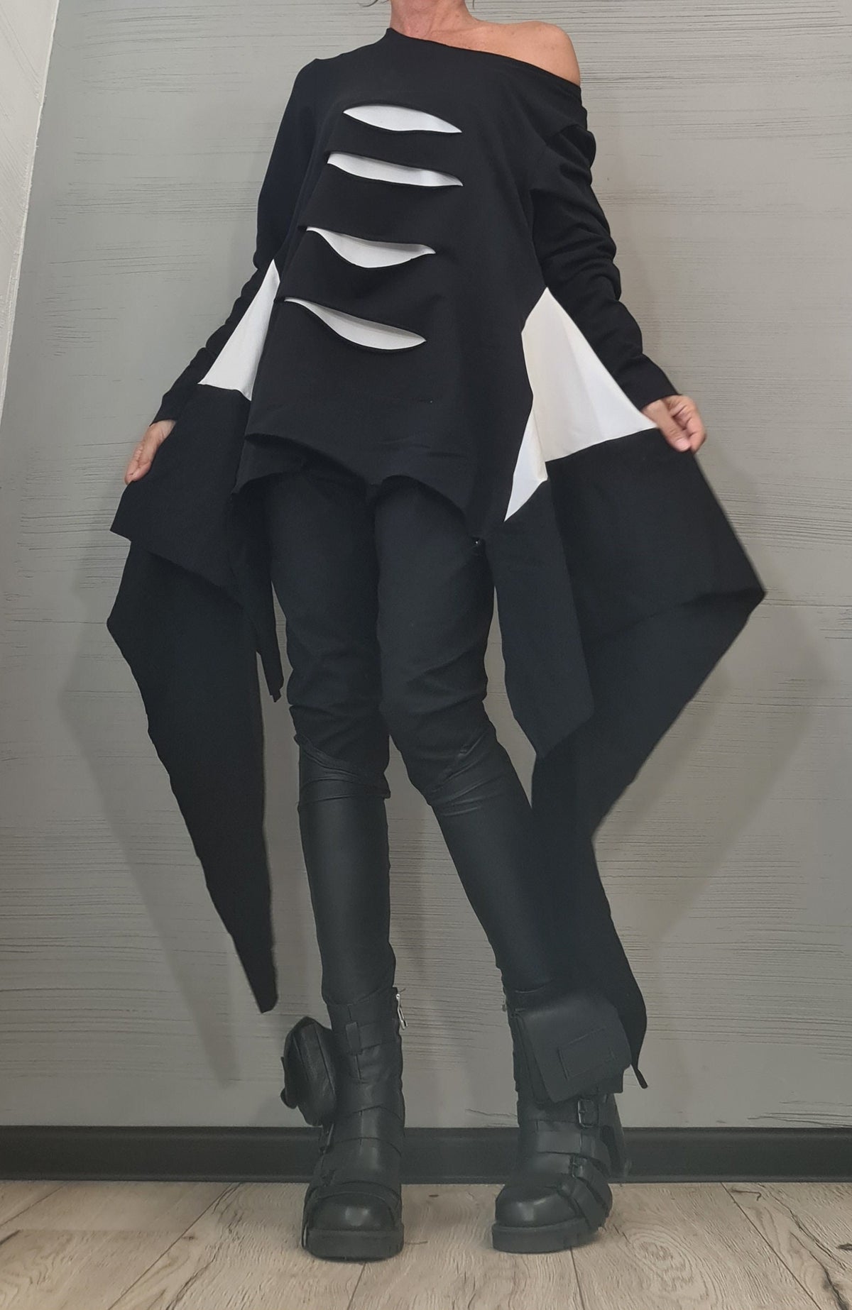 Oversize Cotton Tunic, Black and White Deconstructed Asymmetric Top