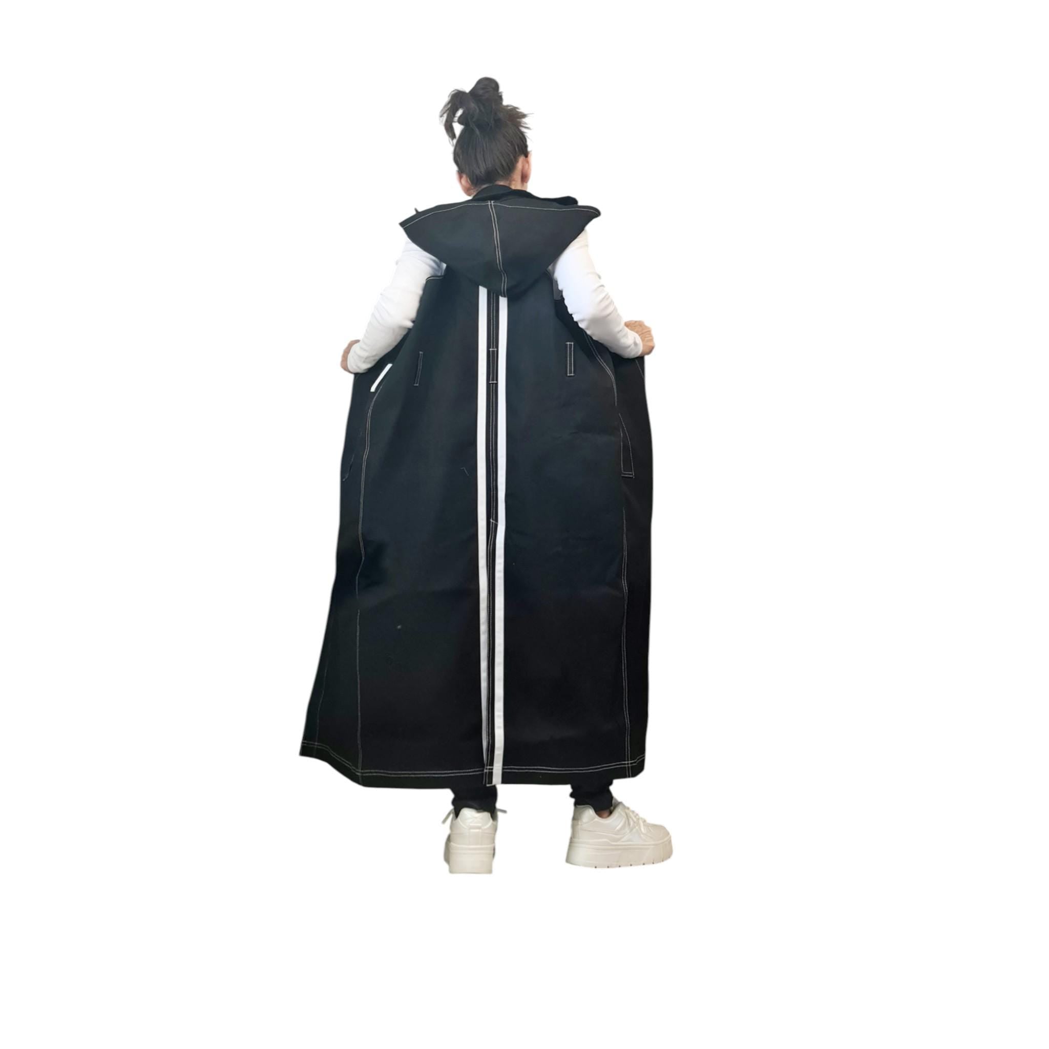 Avant-Garde Denim Trenchcoat Set, Two-Piece Hooded Vest and Cropped Jacket, Black Layered Streetwear, Unisex Statement Outerwear
