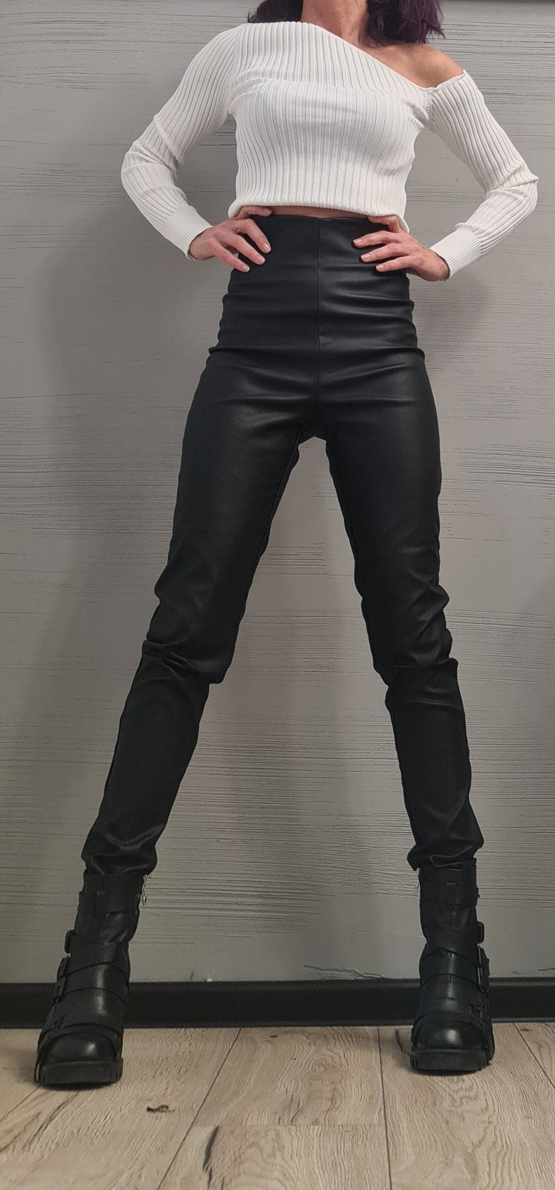 Black Faux Leather Skinny Pants, High Waist Trousers, Gothic Fashion