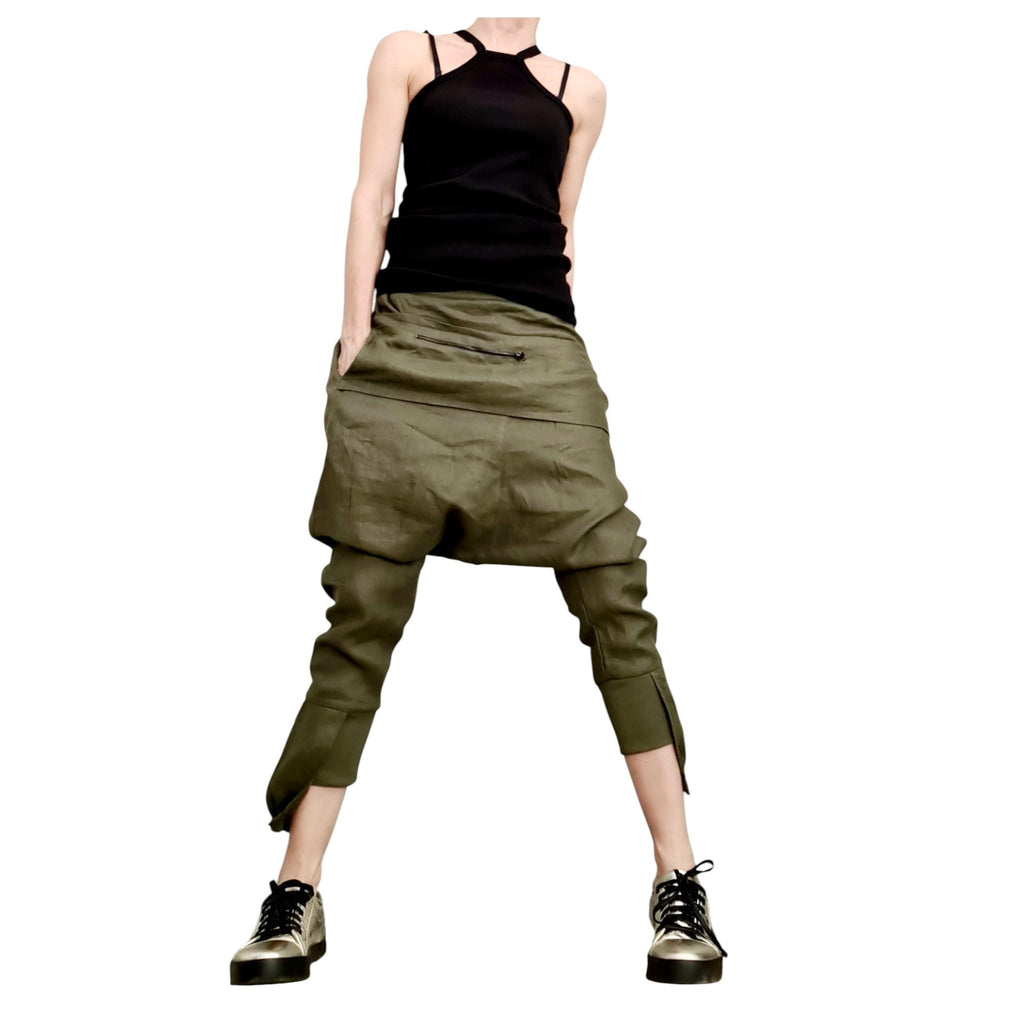 Military Green Linen Pants for Women, Drop Crotch Summer Trousers, Handmade Casual Urban Outfit