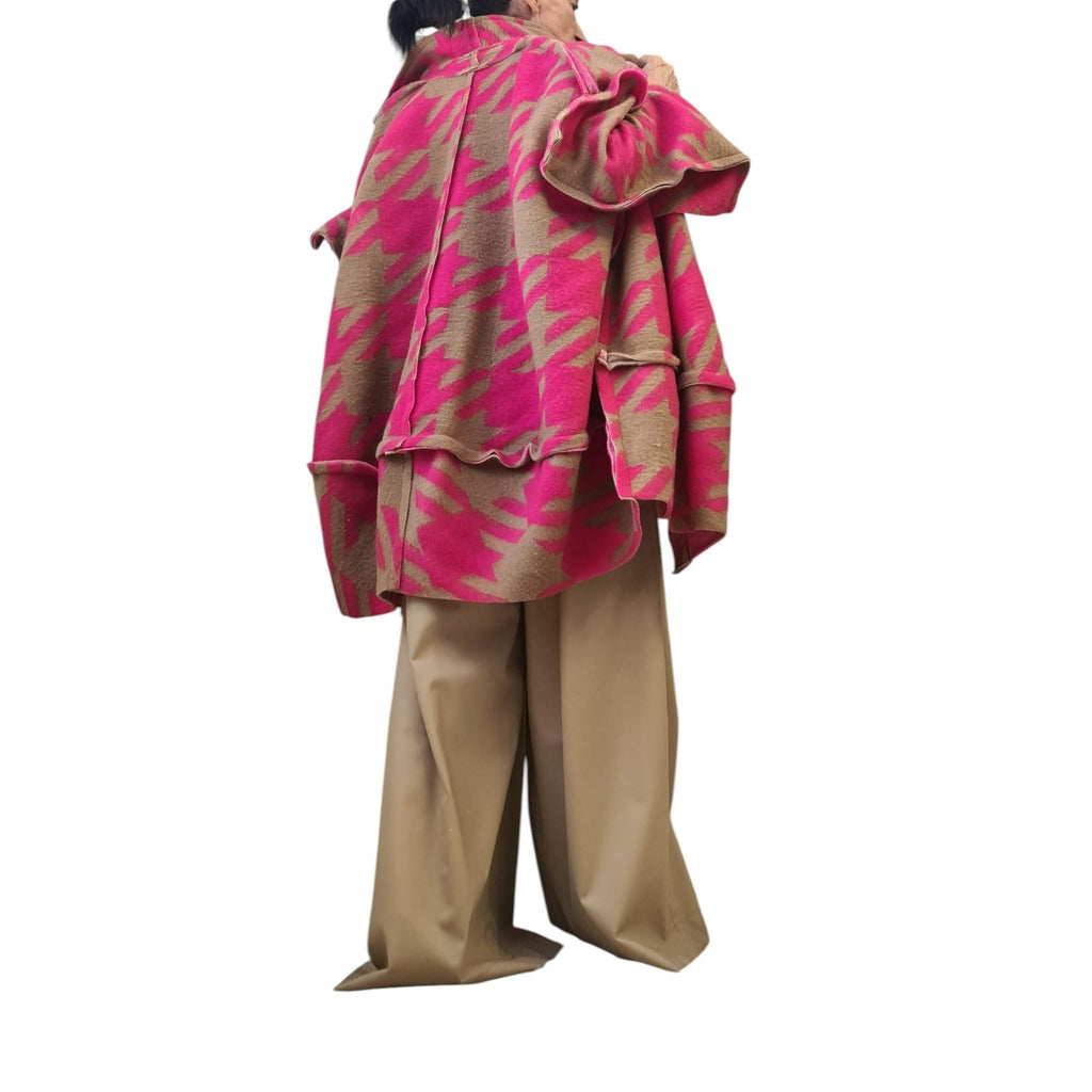 Pink Beige Oversized Wool Blend Coat, Abstract Print High Collar Jacket, Wide Sleeve Outerwear