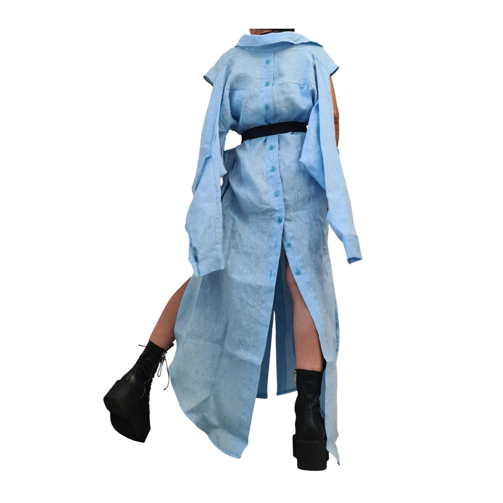 Baby Blue Linen Shirt, Long Asymmetric Kaftan, Open Back, Maxi Loose Summer Oversized Dress