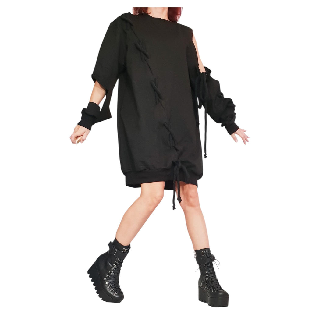 Extravagant Black Dress, One Shoulder Loose Tunic, Plus Size Clothing, Knee Length