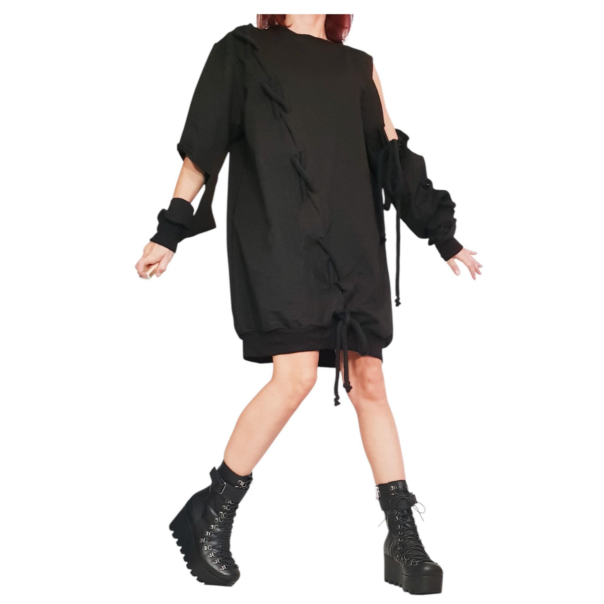 Extravagant Black Dress, One Shoulder Loose Tunic, Plus Size Clothing, Knee Length