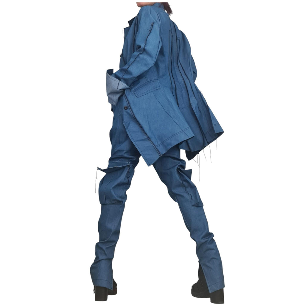 New collection Extravagant Denim Women Costume, Asymmetric Avant Garde Blazer, Women Cargo Pants, Deconstructed Futuristic Clothing