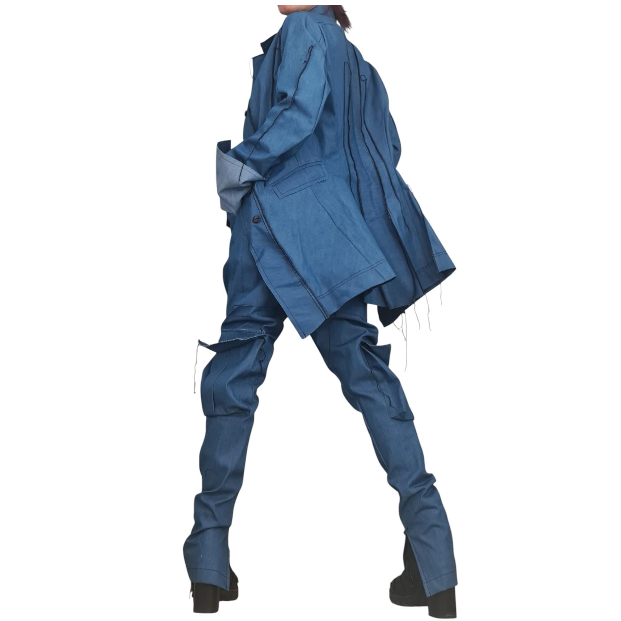 New collection Extravagant Denim Women Costume, Asymmetric Avant Garde Blazer, Women Cargo Pants, Deconstructed Futuristic Clothing