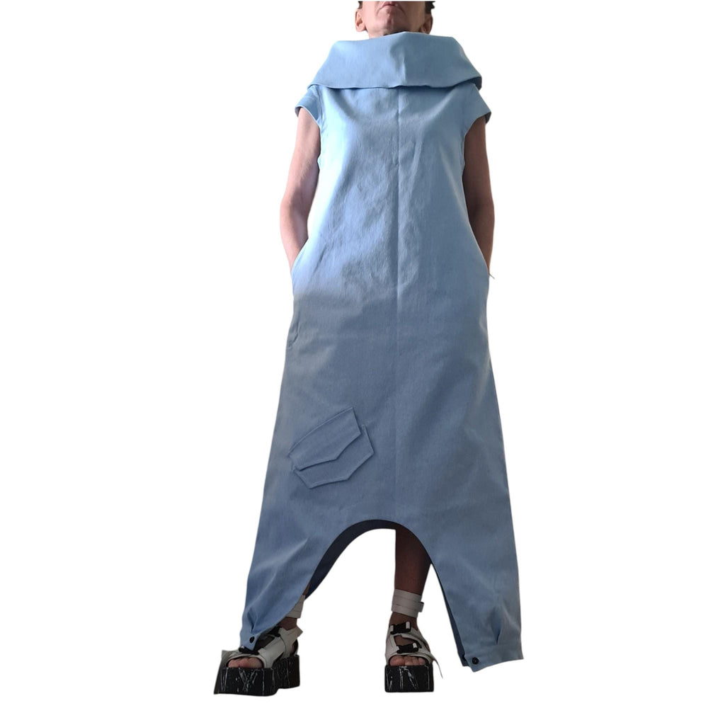 Light Blue Denim Jumpsuit Dress for Women, Asymmetric Harem Overall, Wide Leg Outfit