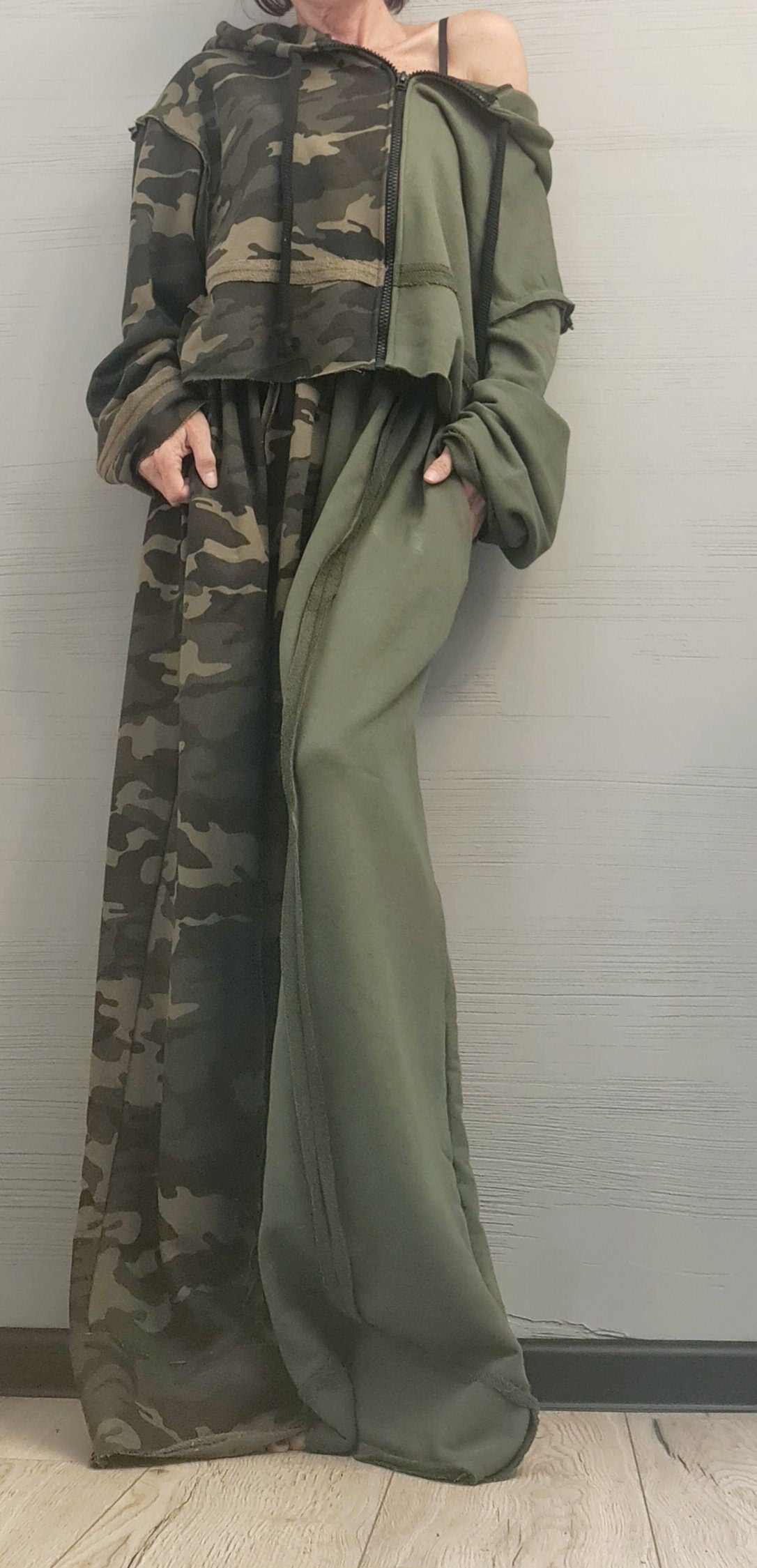 Olive Green Cotton Wide Leg Pants, Cropped Oversized Hoodie, Camouflage Panels, Two-Piece Co-Ord Set
