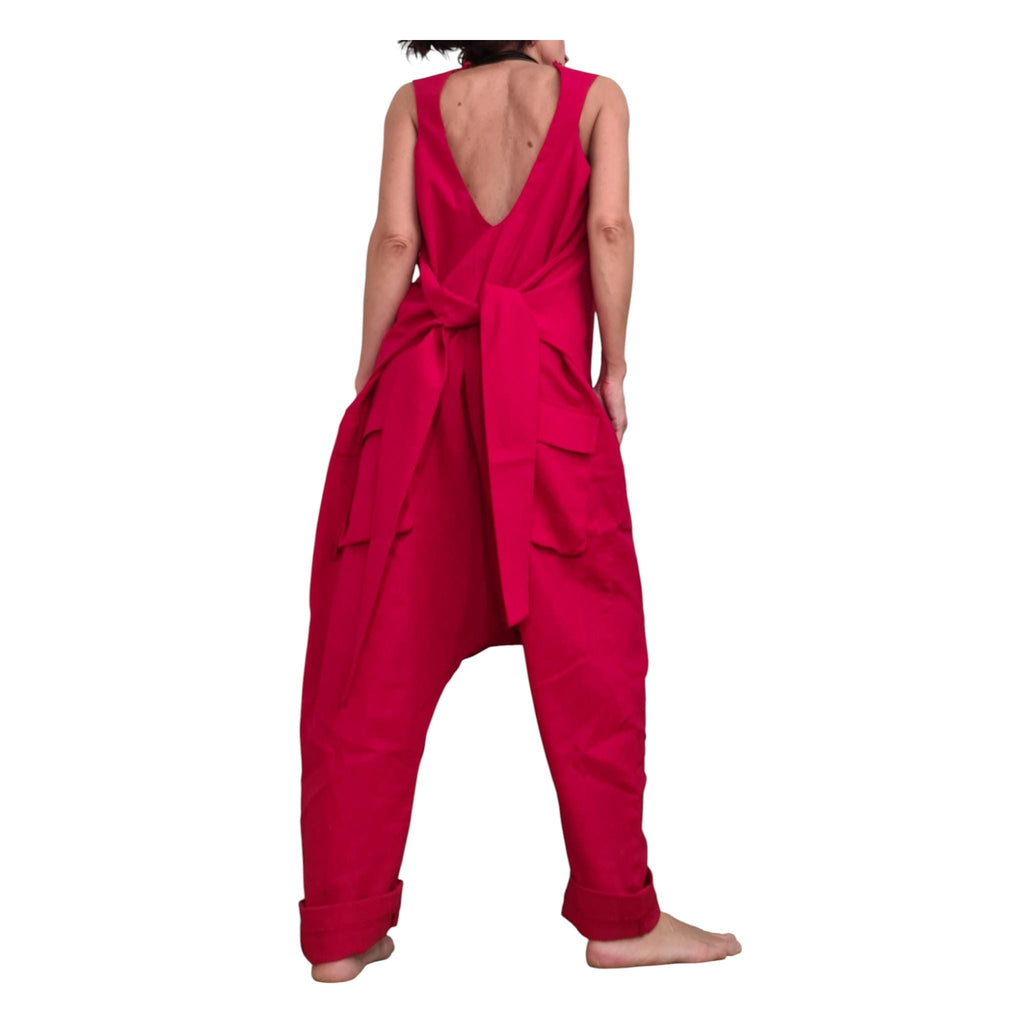 Red Linen Jumpsuit, Sleeveless Wide Leg Overalls, Backless Drop Crotch Outfit